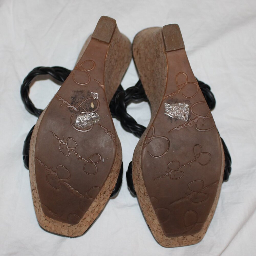 Jessica Simpson Black Leather Braided 2-Strap Cork Platform Wedge Sandals - Picture 14 of 16